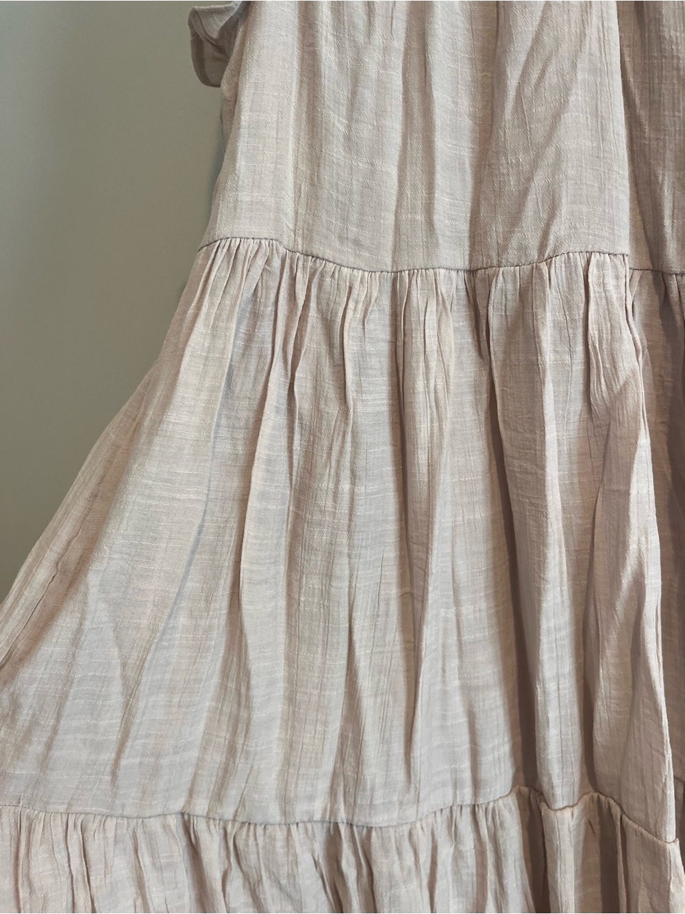High Neck Ruffle Gauze Dress MEDIUM Beige Tan Tiered Midi Cottage Pockets NWT - Picture 4 of 14